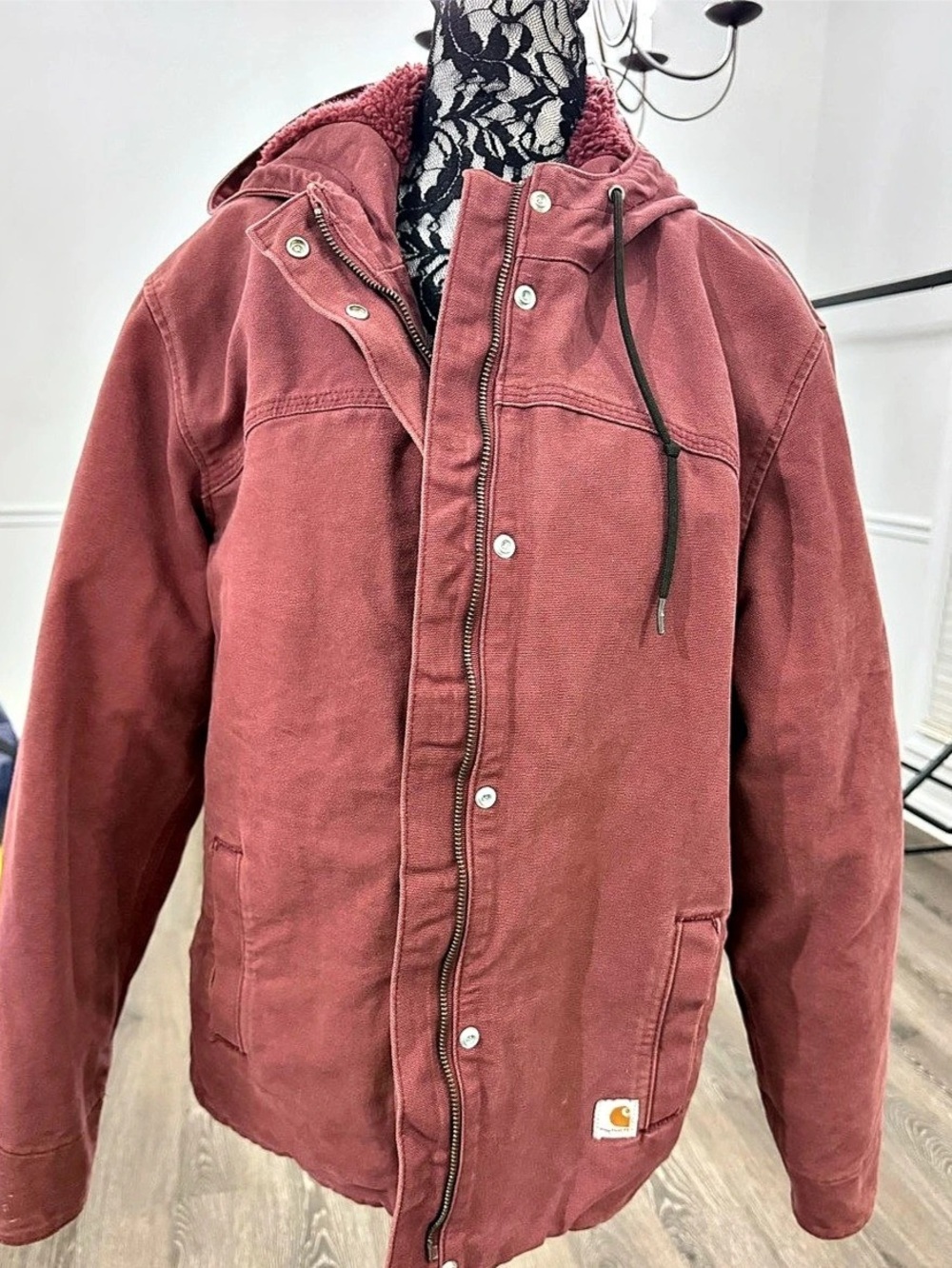 Carhartt Dusty Rose Canvas Hooded Sherpa Lined Jacket Faded Red Workwear